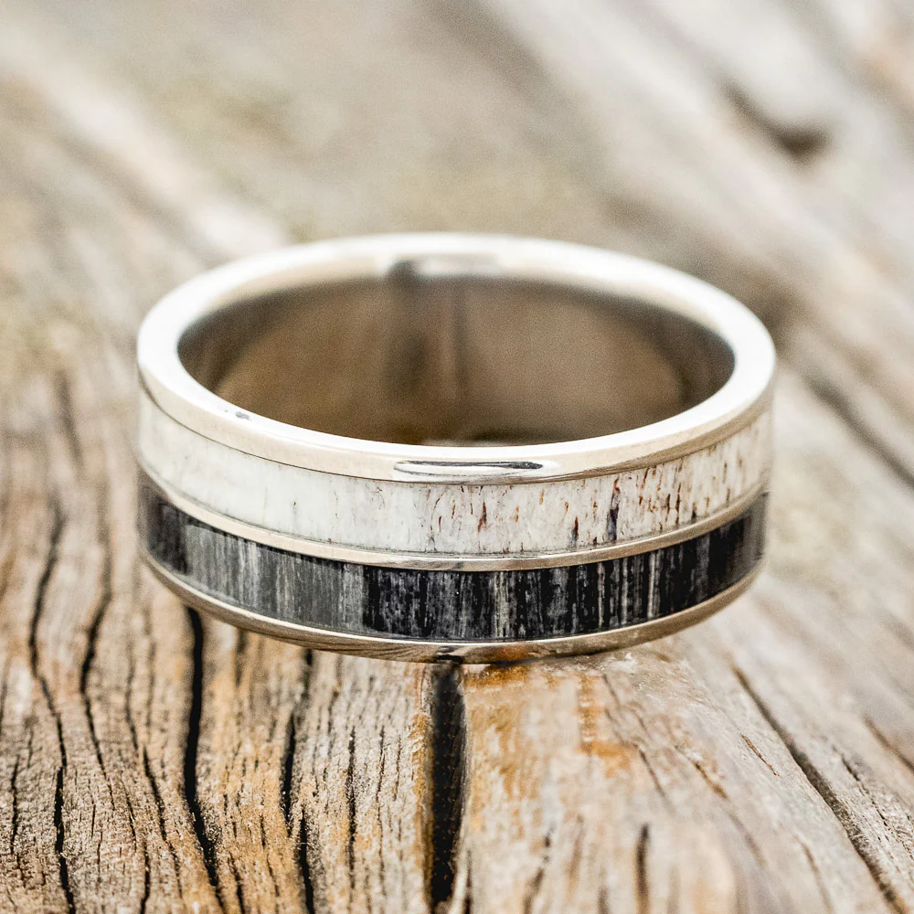 "DYAD" - GREY BIRCH WOOD & ANTLER WEDDING BAND - Image 3