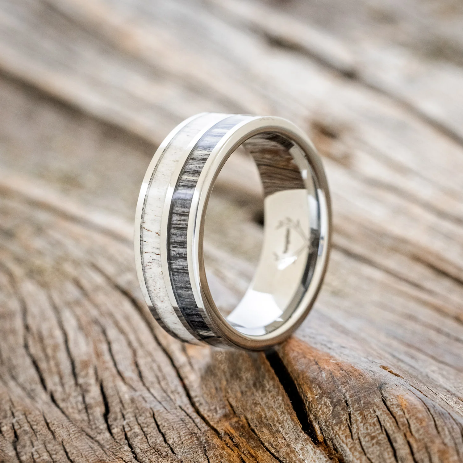 "DYAD" - GREY BIRCH WOOD & ANTLER WEDDING BAND - Image 4