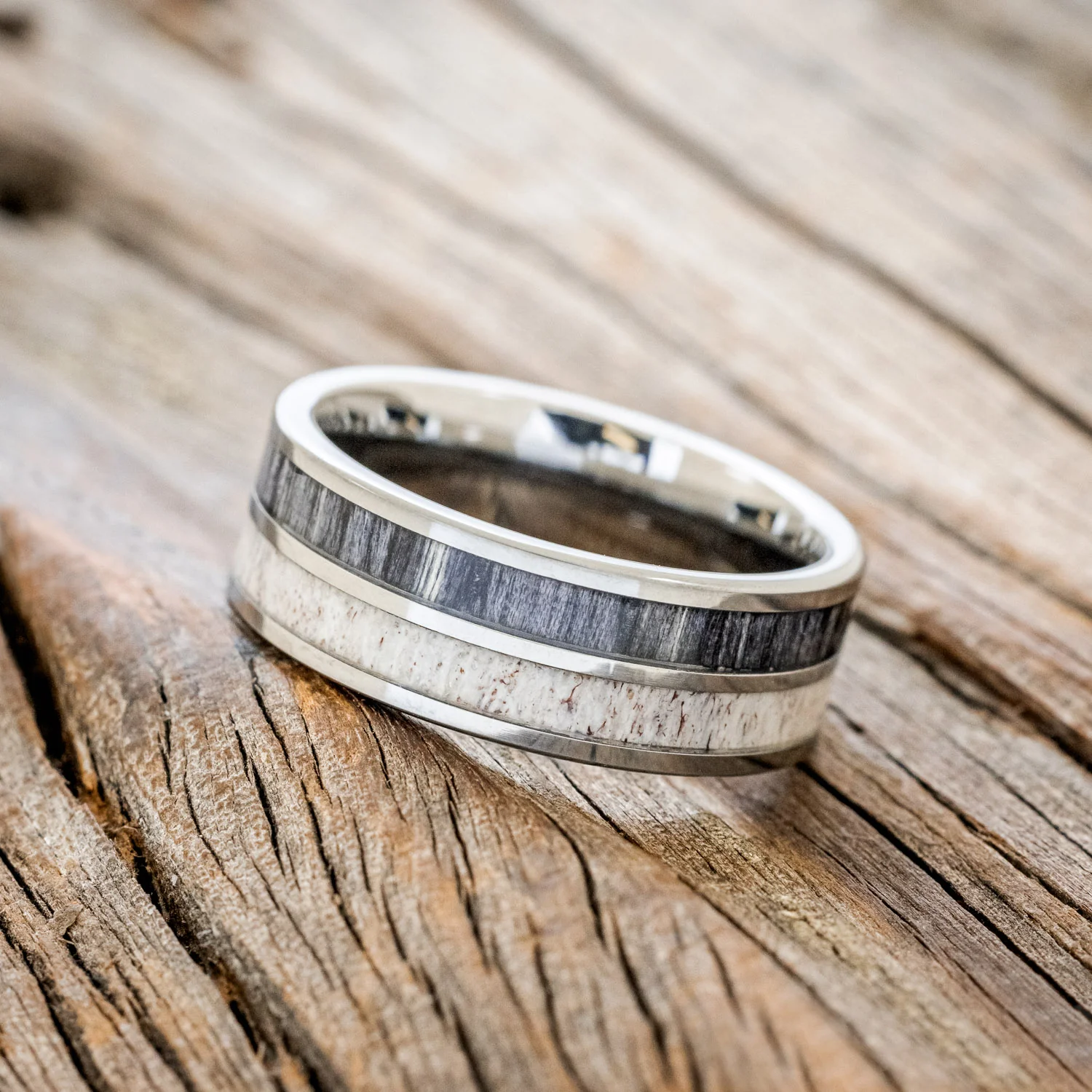 "DYAD" - GREY BIRCH WOOD & ANTLER WEDDING BAND - Image 5