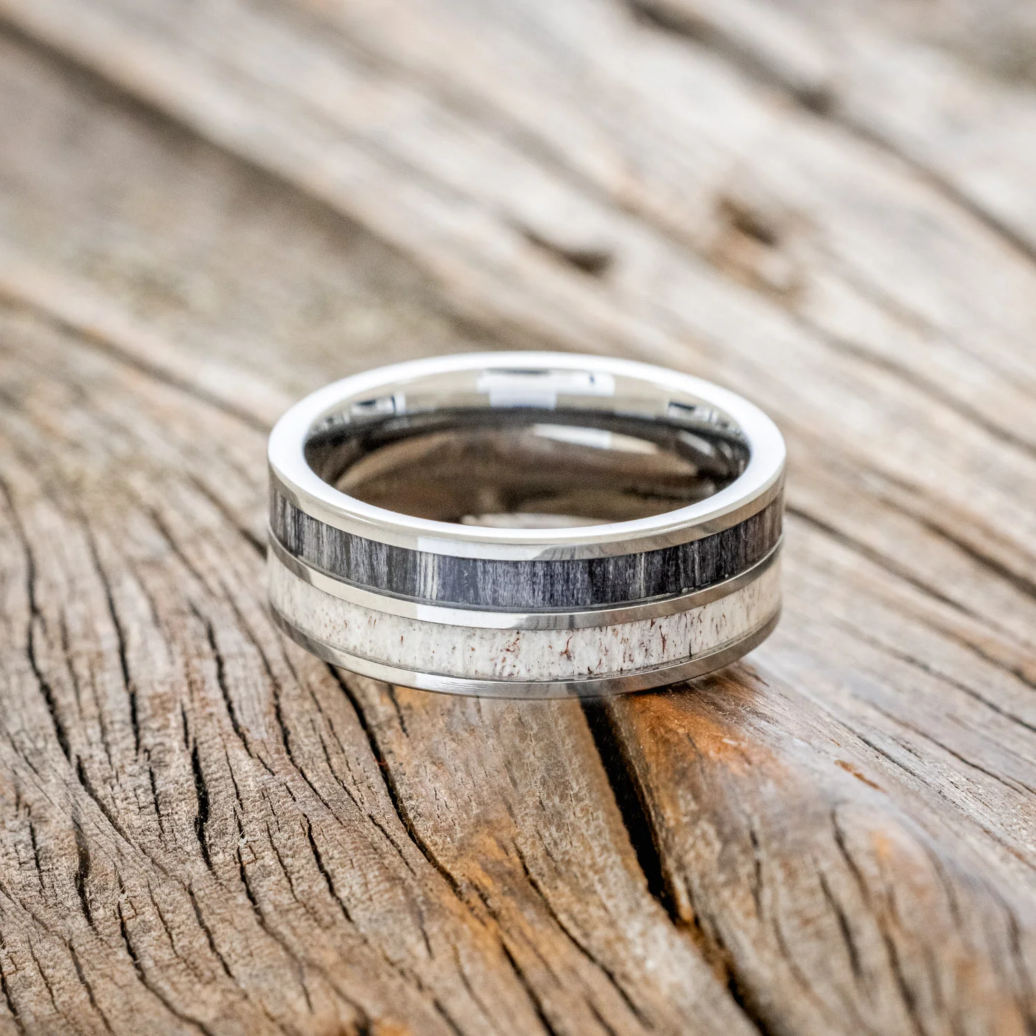 "DYAD" - GREY BIRCH WOOD & ANTLER WEDDING BAND - Image 6