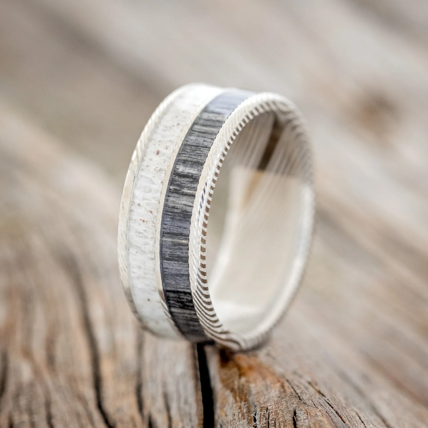 "DYAD" - GREY BIRCH WOOD & ANTLER WEDDING BAND - Image 7