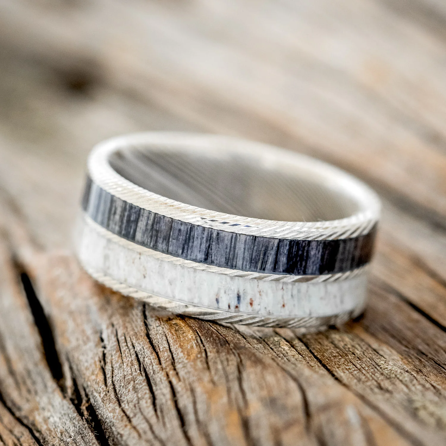 "DYAD" - GREY BIRCH WOOD & ANTLER WEDDING BAND - Image 8