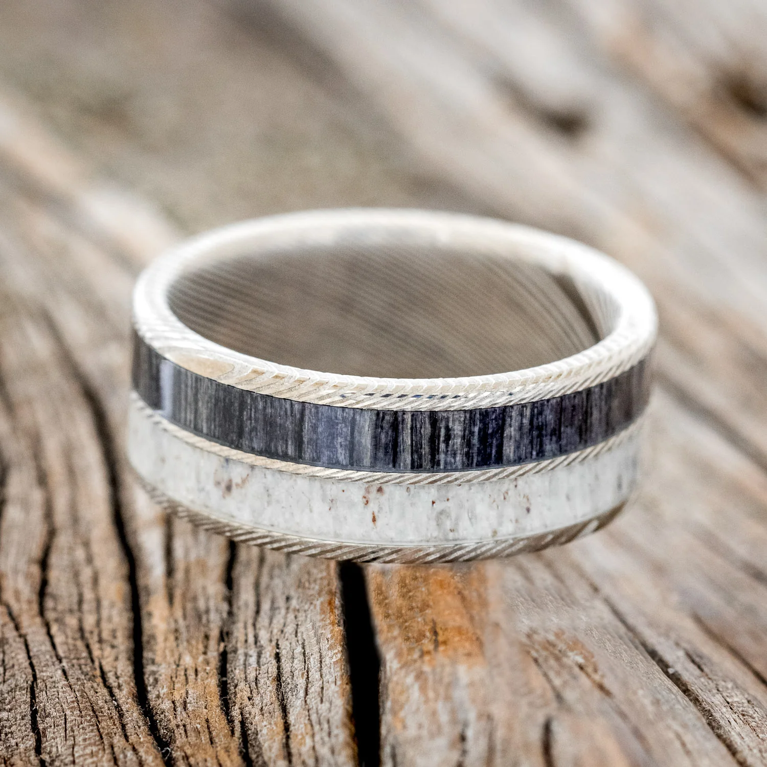 "DYAD" - GREY BIRCH WOOD & ANTLER WEDDING BAND - Image 9