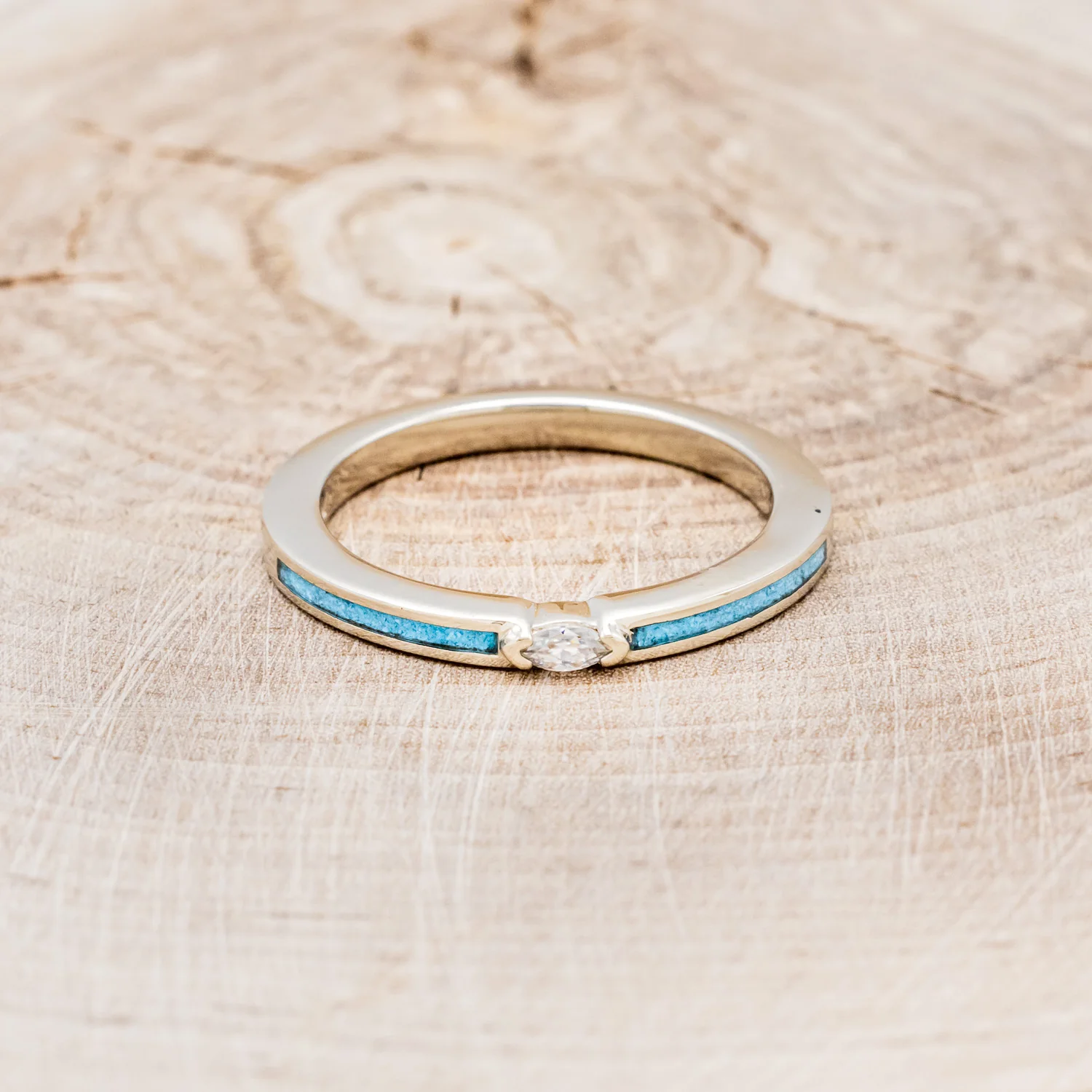 "ELBA" - MARQUISE CUT MOISSANITE ENGAGEMENT RING WITH TURQUOISE INLAYS - Image 8