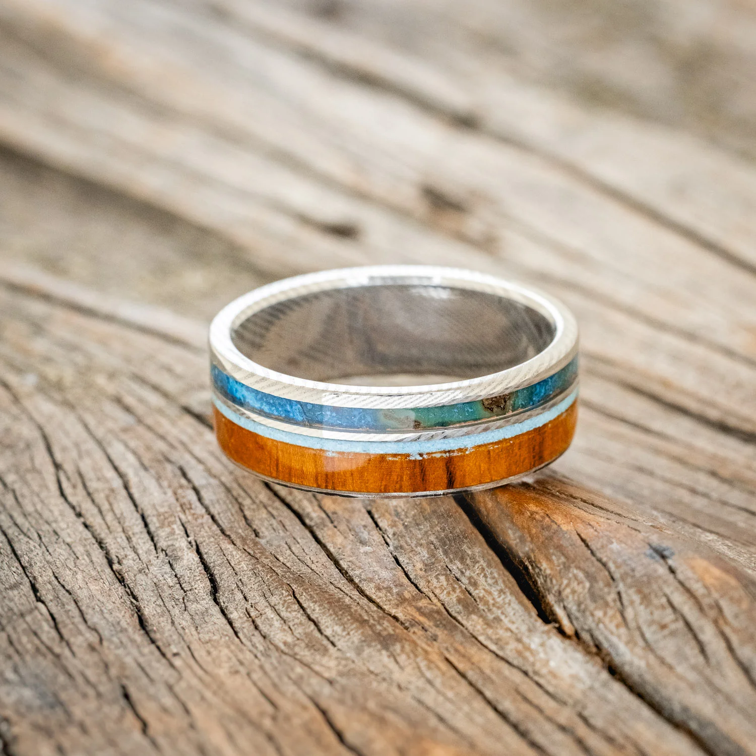"ELEMENT" - IRONWOOD, PATINA COPPER & TURQUOISE WEDDING BAND - Image 10