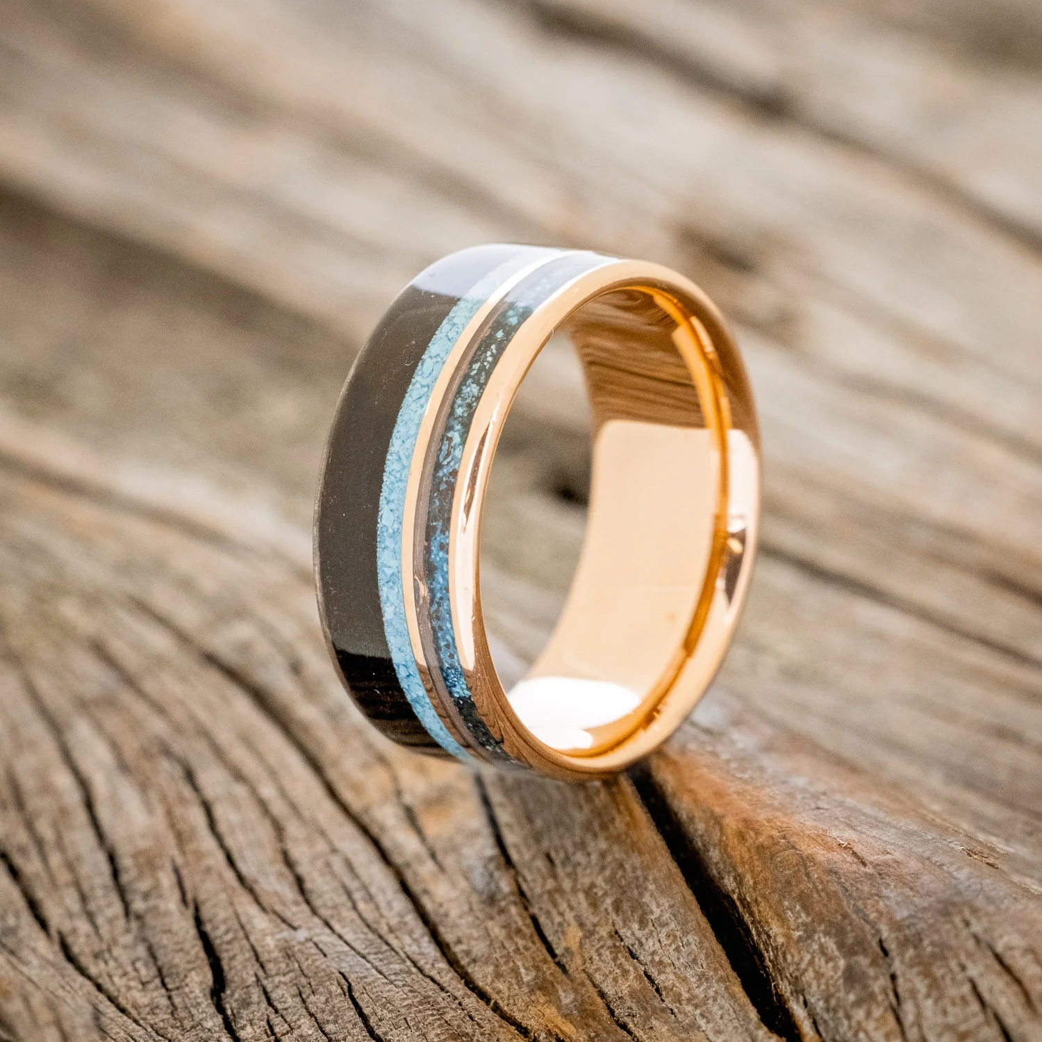 "ELEMENT" - IRONWOOD, PATINA COPPER & TURQUOISE WEDDING BAND - Image 11