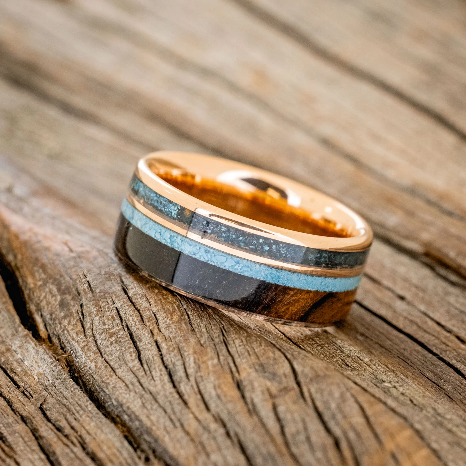 "ELEMENT" - IRONWOOD, PATINA COPPER & TURQUOISE WEDDING BAND - Image 12
