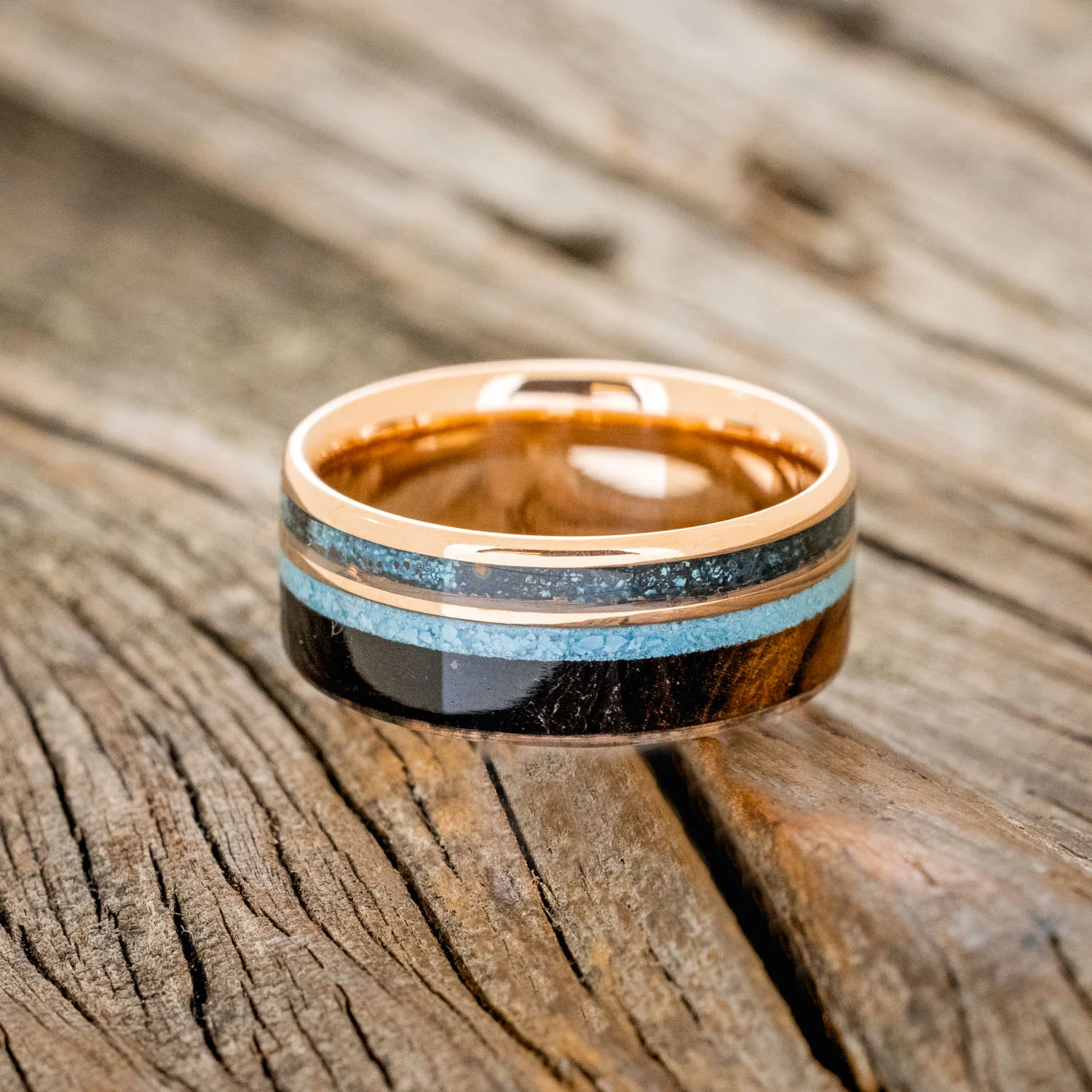 "ELEMENT" - IRONWOOD, PATINA COPPER & TURQUOISE WEDDING BAND - Image 13