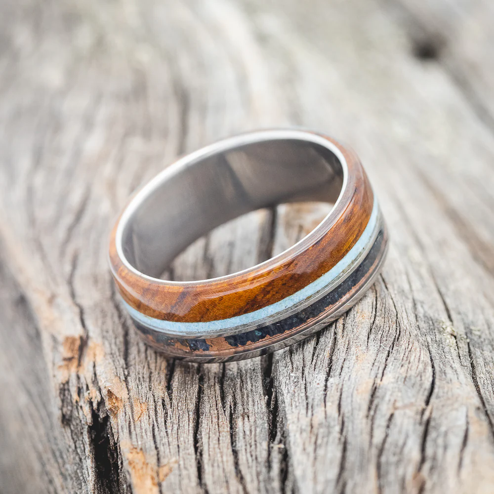 "ELEMENT" - IRONWOOD, PATINA COPPER & TURQUOISE WEDDING BAND - Image 3