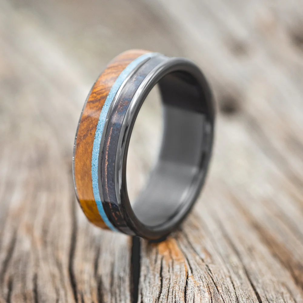 "ELEMENT" - IRONWOOD, PATINA COPPER & TURQUOISE WEDDING BAND - Image 5