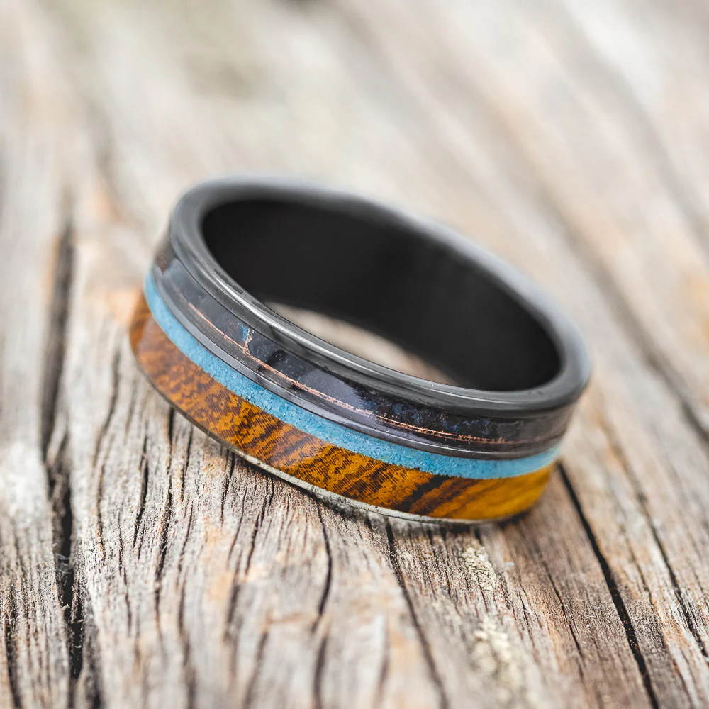 "ELEMENT" - IRONWOOD, PATINA COPPER & TURQUOISE WEDDING BAND - Image 6