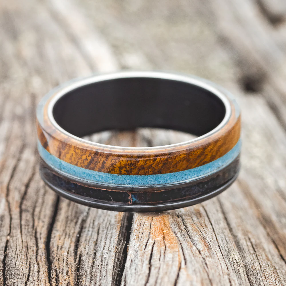 "ELEMENT" - IRONWOOD, PATINA COPPER & TURQUOISE WEDDING BAND - Image 7