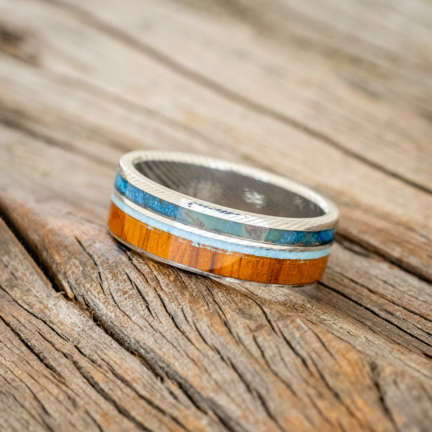 "ELEMENT" - IRONWOOD, PATINA COPPER & TURQUOISE WEDDING BAND - Image 9
