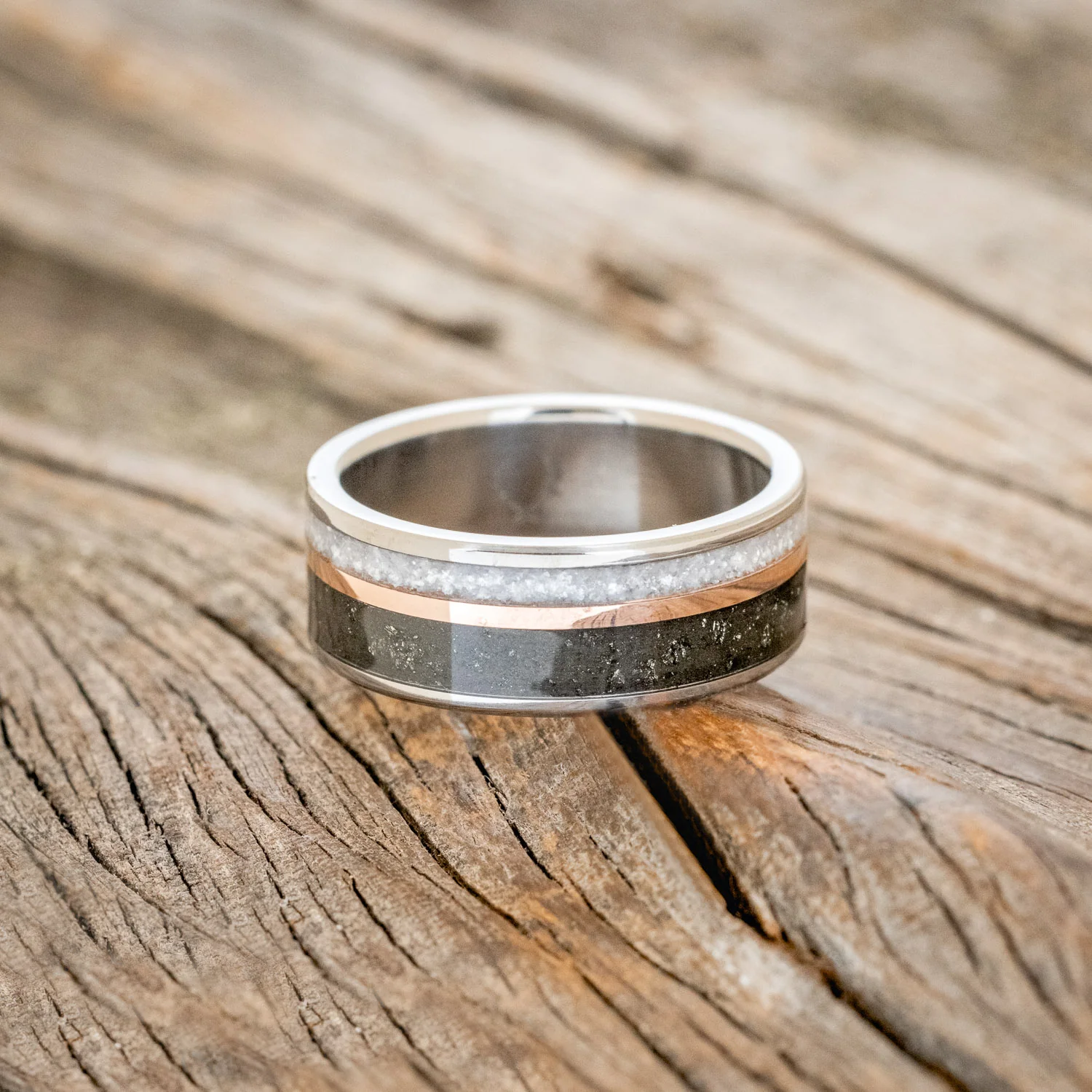 "ELEMENT" - PYRITE, DIAMOND DUST & 14K ROSE GOLD INLAY WEDDING BAND - Image 3