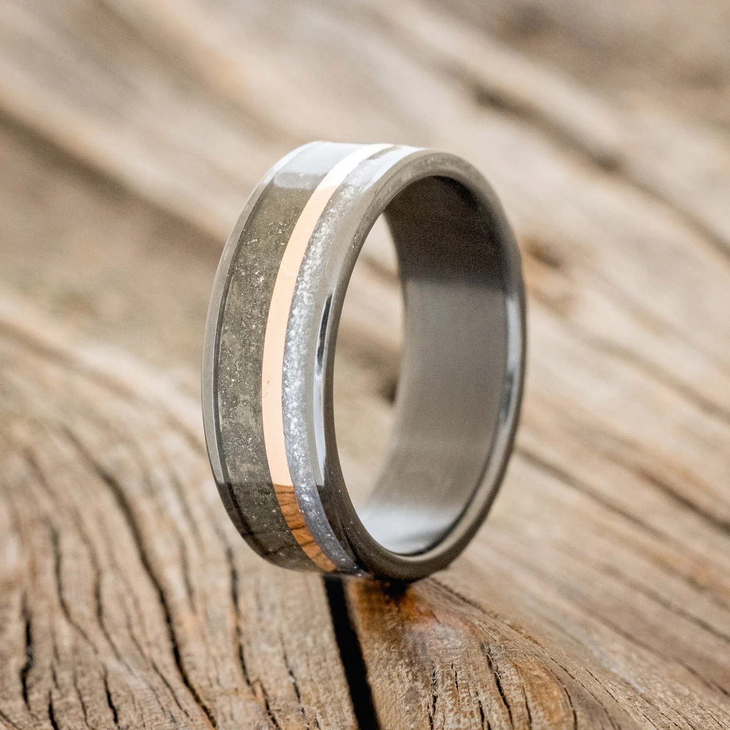 "ELEMENT" - PYRITE, DIAMOND DUST & 14K ROSE GOLD INLAY WEDDING BAND - Image 4