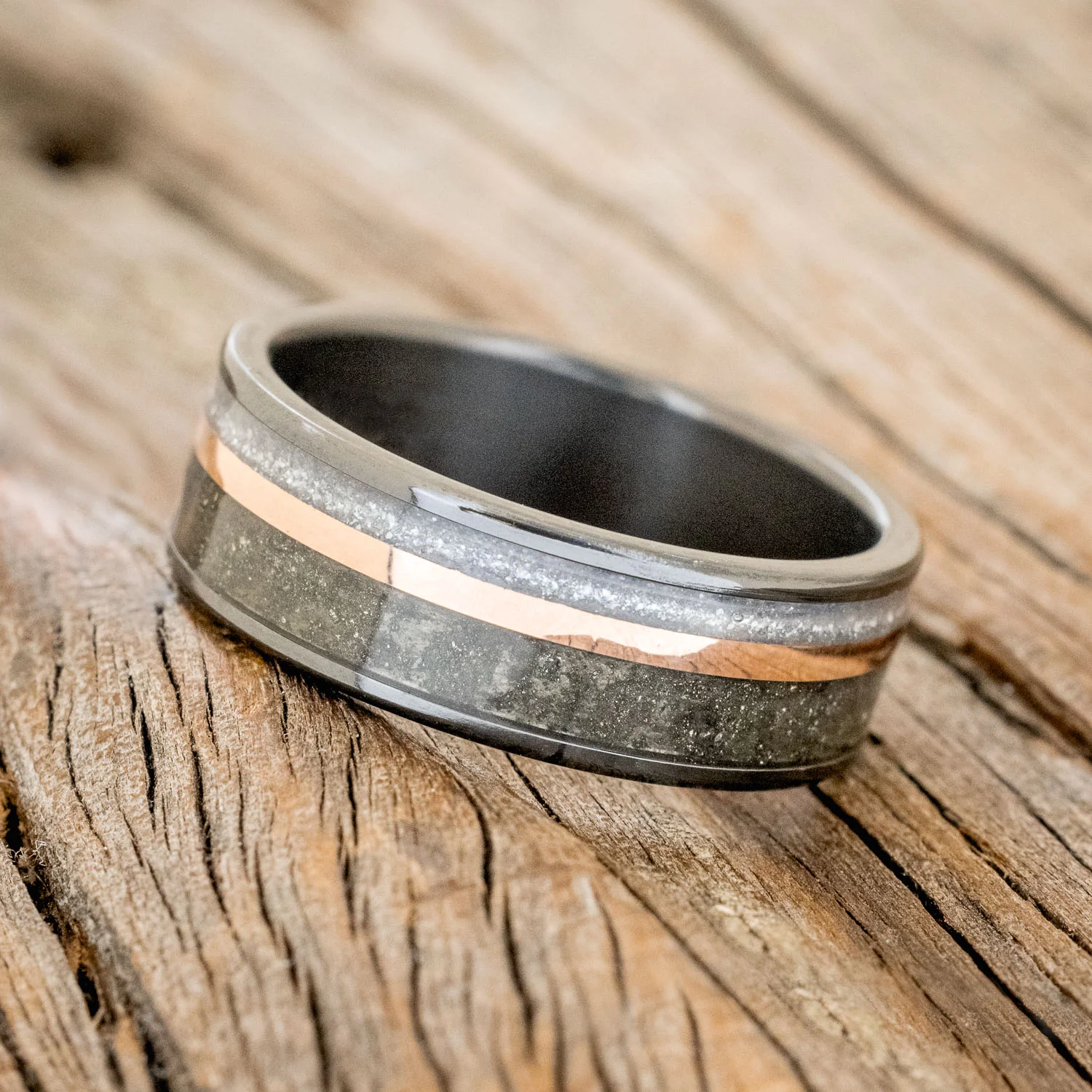 "ELEMENT" - PYRITE, DIAMOND DUST & 14K ROSE GOLD INLAY WEDDING BAND - Image 5