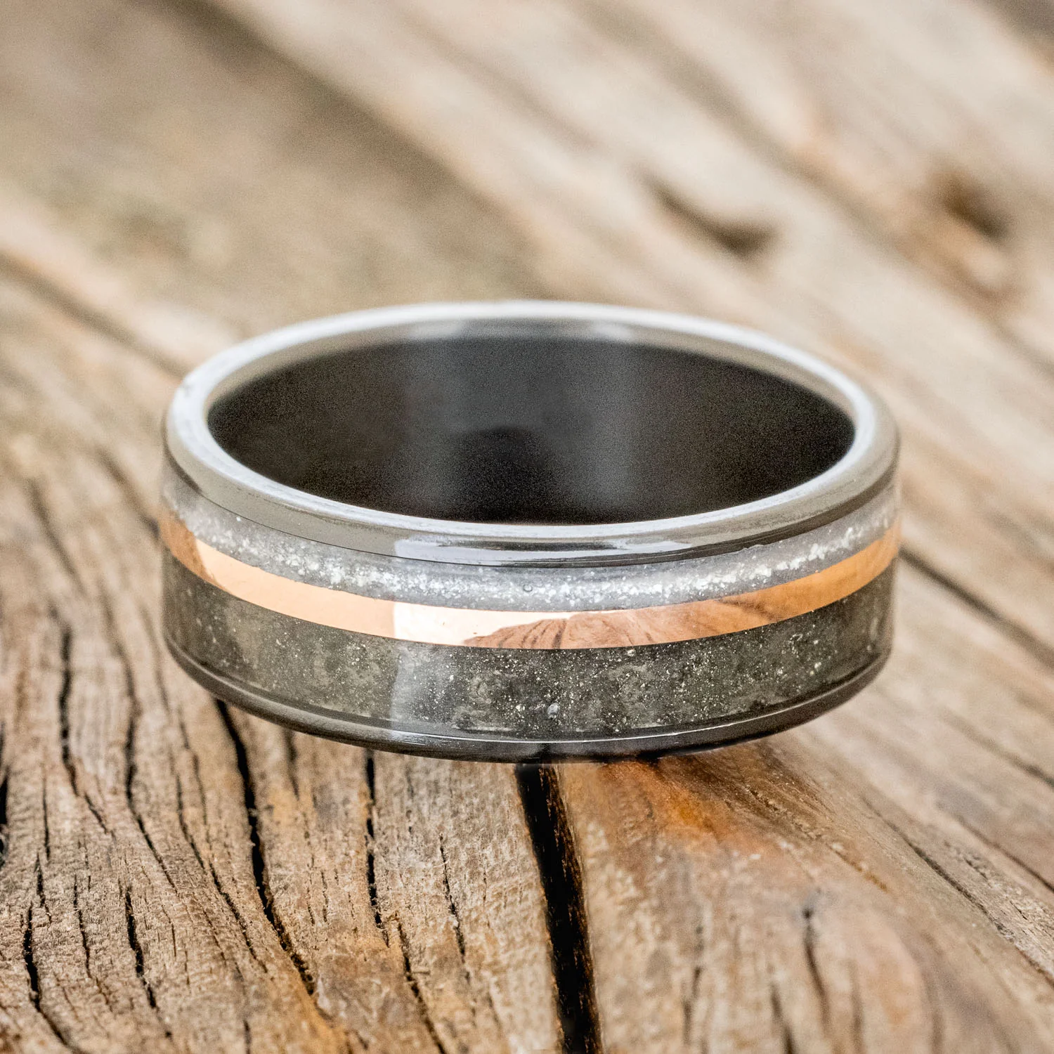"ELEMENT" - PYRITE, DIAMOND DUST & 14K ROSE GOLD INLAY WEDDING BAND - Image 6