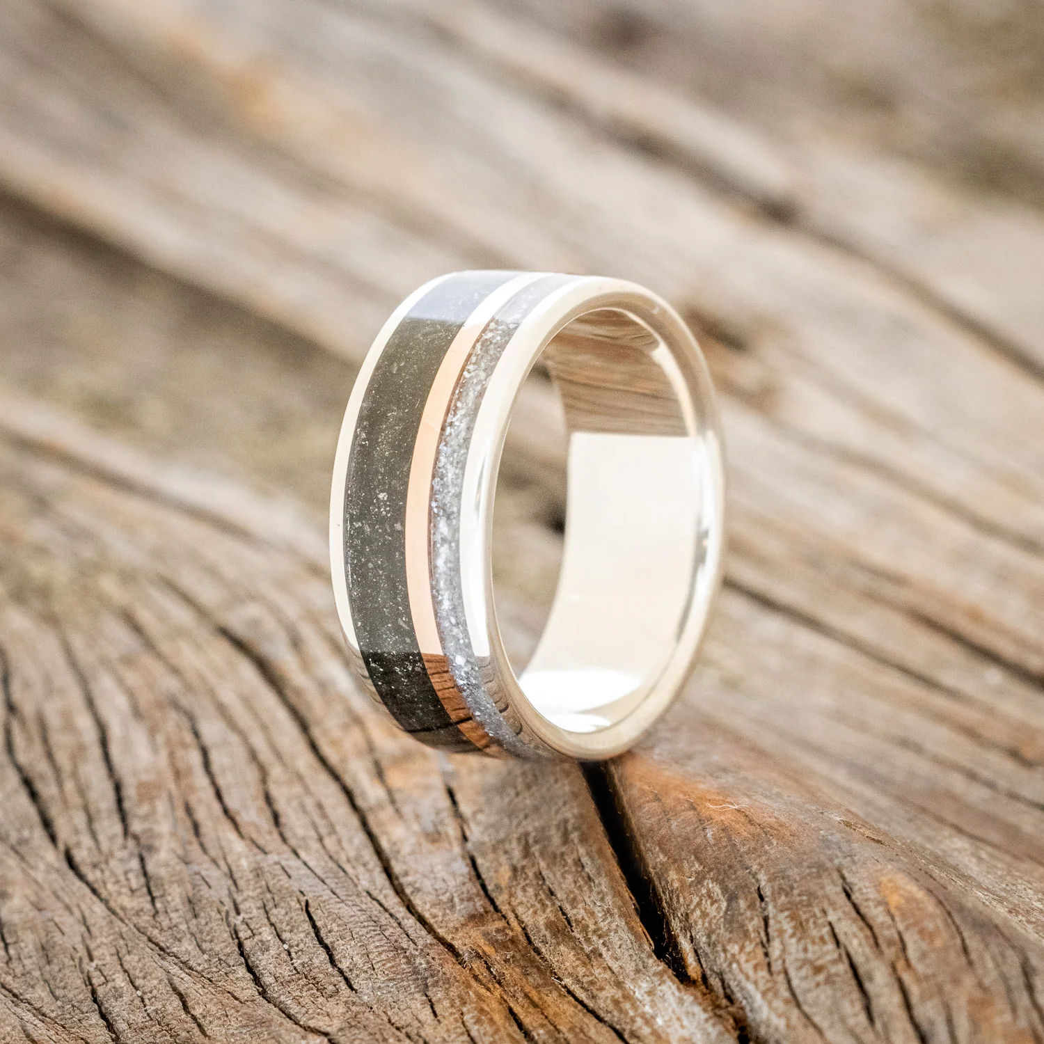 "ELEMENT" - PYRITE, DIAMOND DUST & 14K ROSE GOLD INLAY WEDDING BAND - Image 7