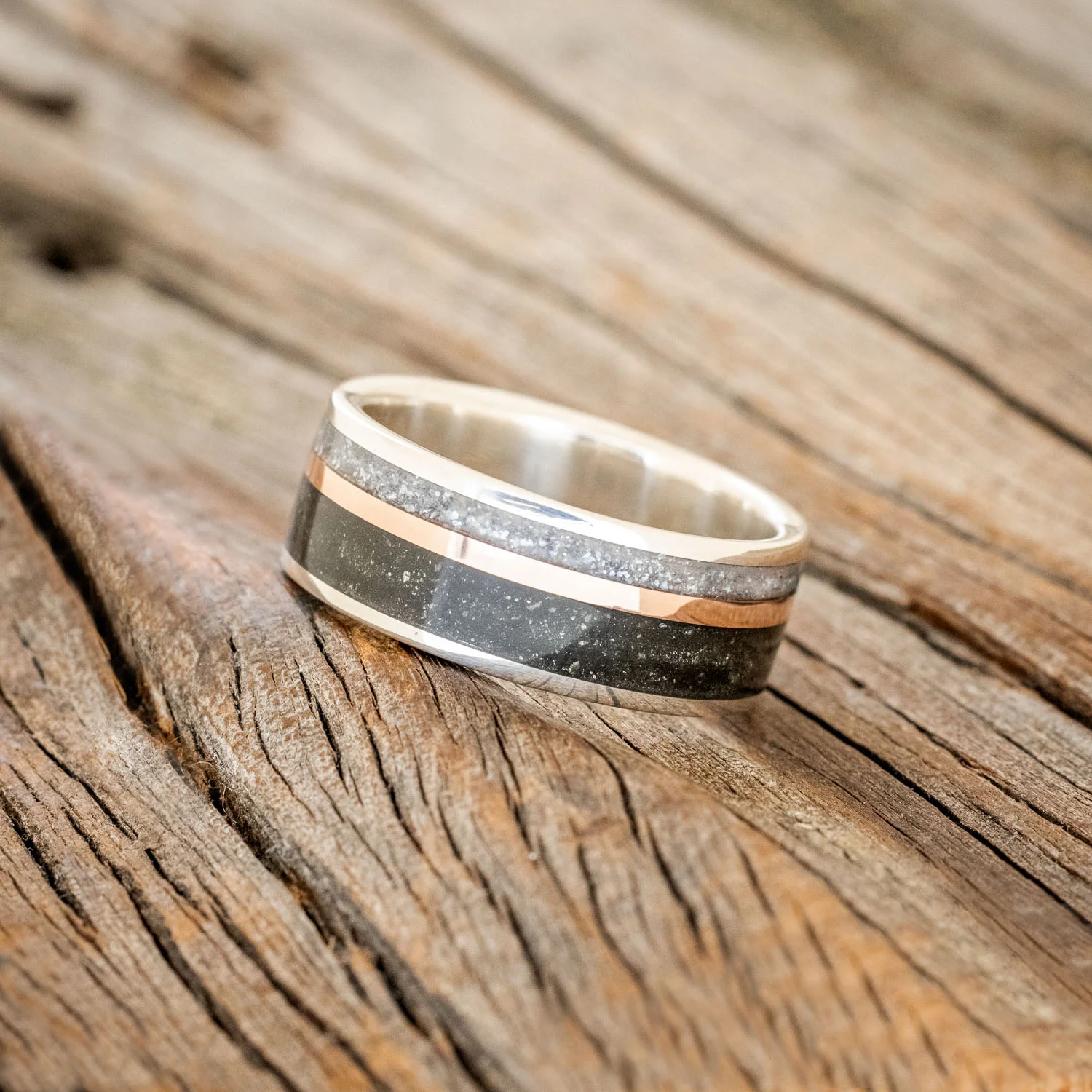 "ELEMENT" - PYRITE, DIAMOND DUST & 14K ROSE GOLD INLAY WEDDING BAND - Image 8