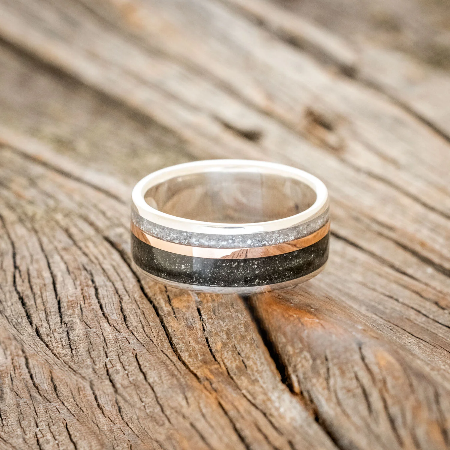 "ELEMENT" - PYRITE, DIAMOND DUST & 14K ROSE GOLD INLAY WEDDING BAND - Image 9
