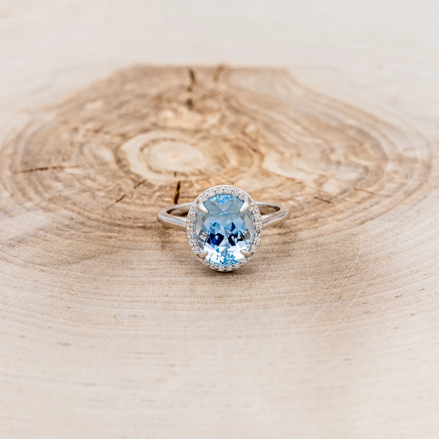 "ELITE" - OVAL CUT AQUAMARINE ENGAGEMENT RING WITH DIAMOND HALO - Image 4