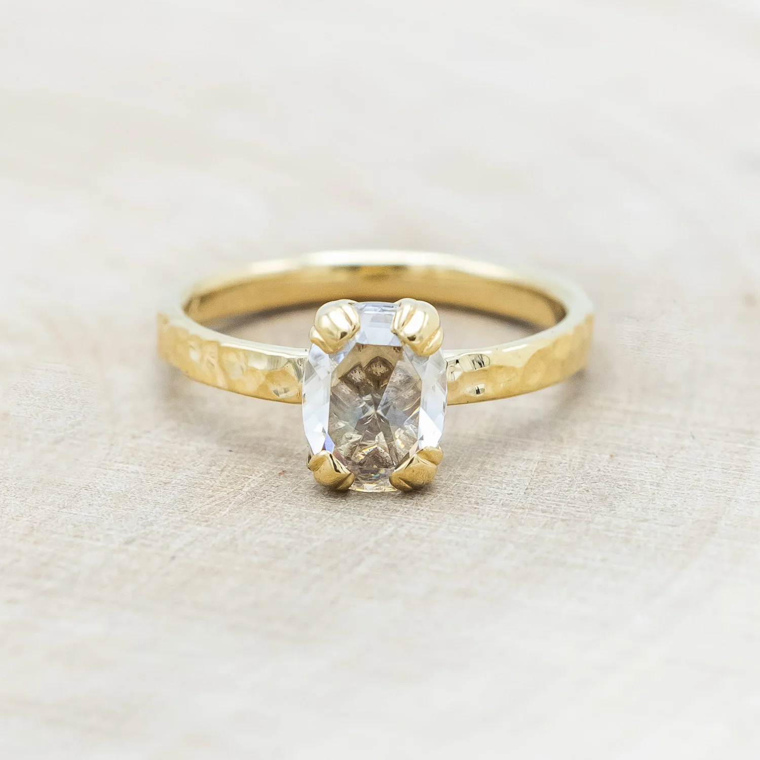 "ELLA" - ANTIQUE CUSHION ROSE CUT MOISSANITE SOLITAIRE ENGAGEMENT RING WITH A HAMMERED FINISH - Image 10