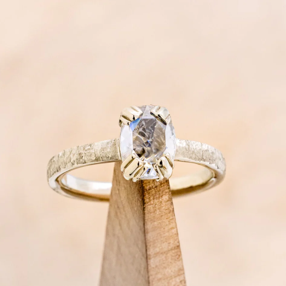 "ELLA" - ANTIQUE CUSHION ROSE CUT MOISSANITE SOLITAIRE ENGAGEMENT RING WITH A HAMMERED FINISH - Image 13