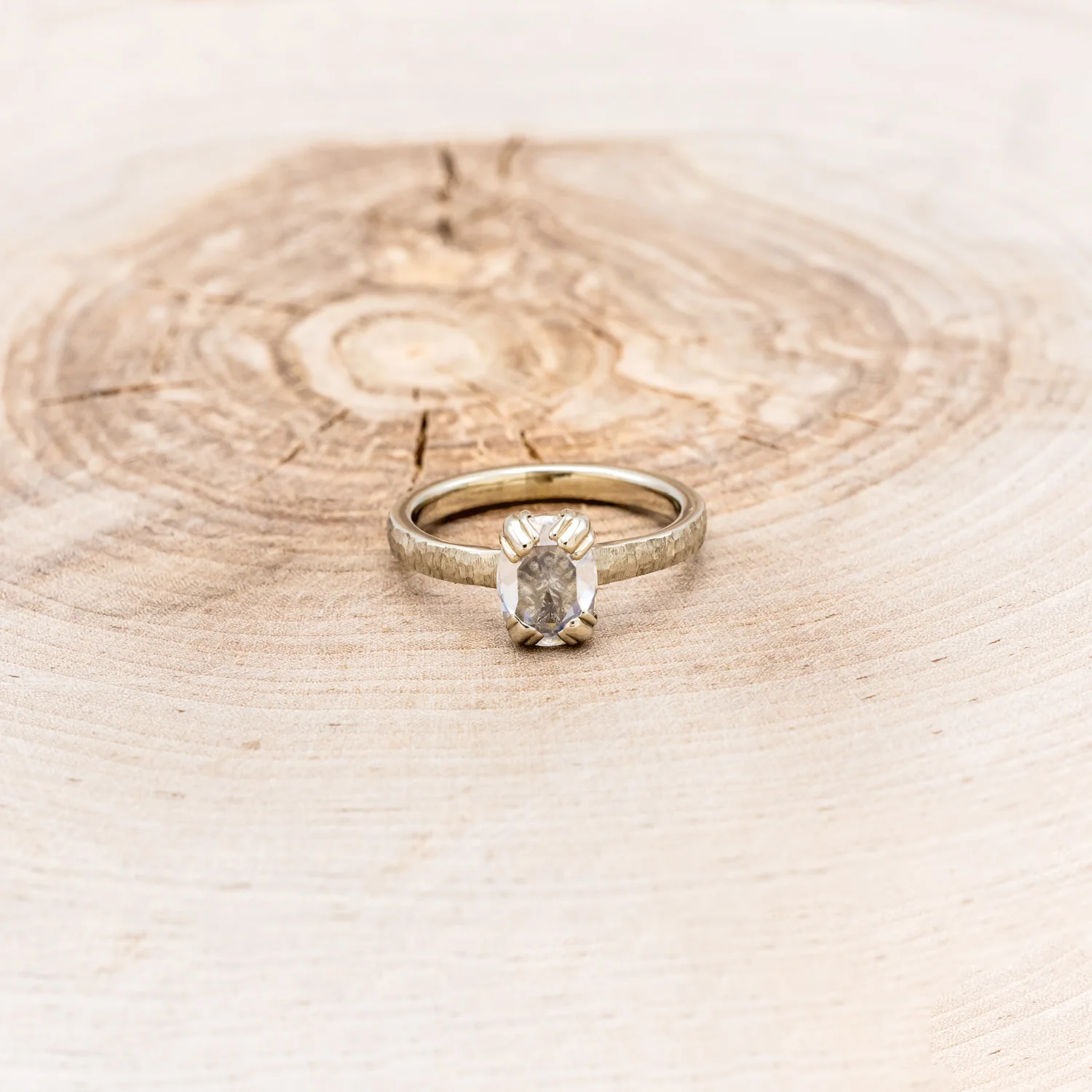 "ELLA" - ANTIQUE CUSHION ROSE CUT MOISSANITE SOLITAIRE ENGAGEMENT RING WITH A HAMMERED FINISH - Image 14