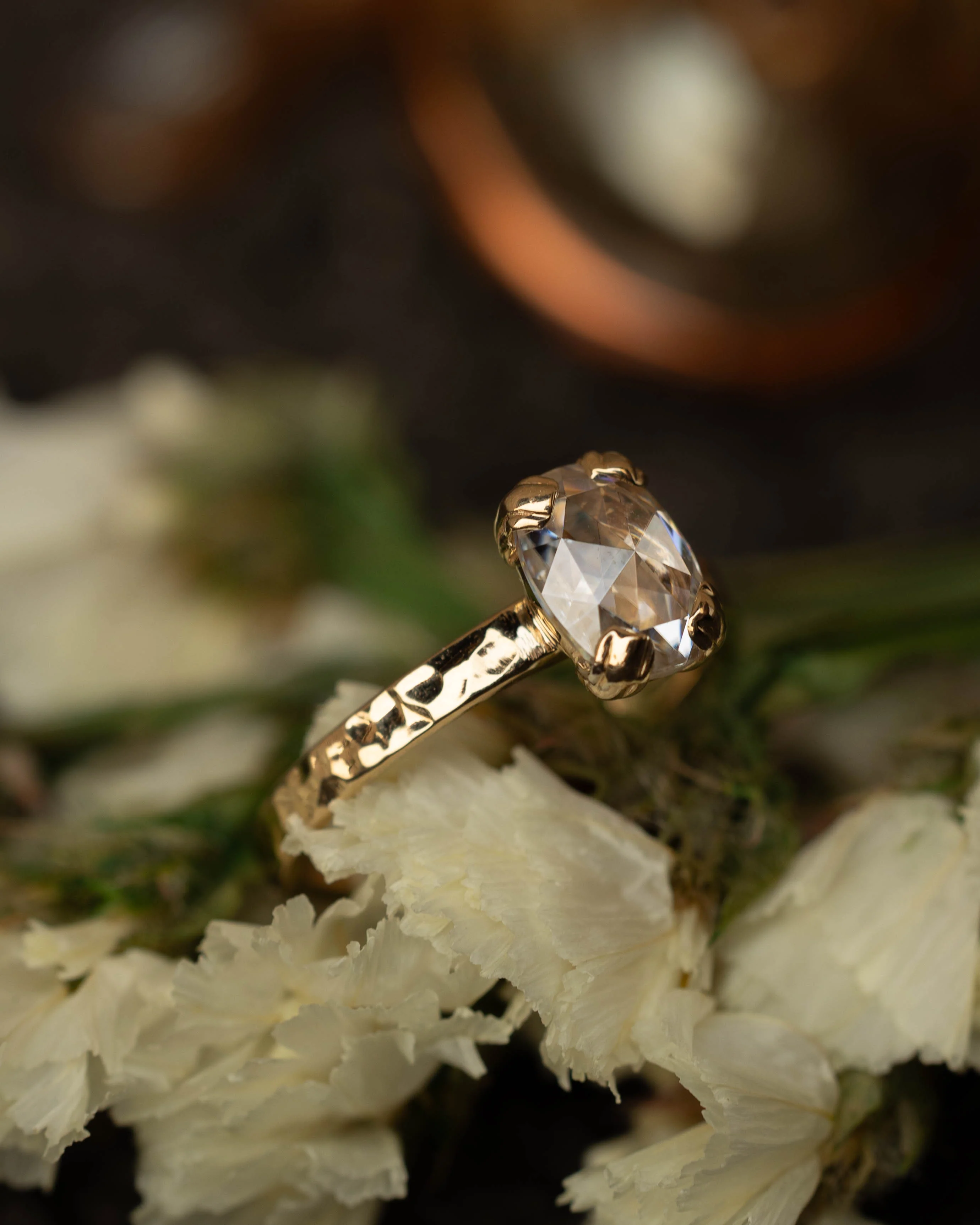 "ELLA" - ANTIQUE CUSHION ROSE CUT MOISSANITE SOLITAIRE ENGAGEMENT RING WITH A HAMMERED FINISH - Image 16
