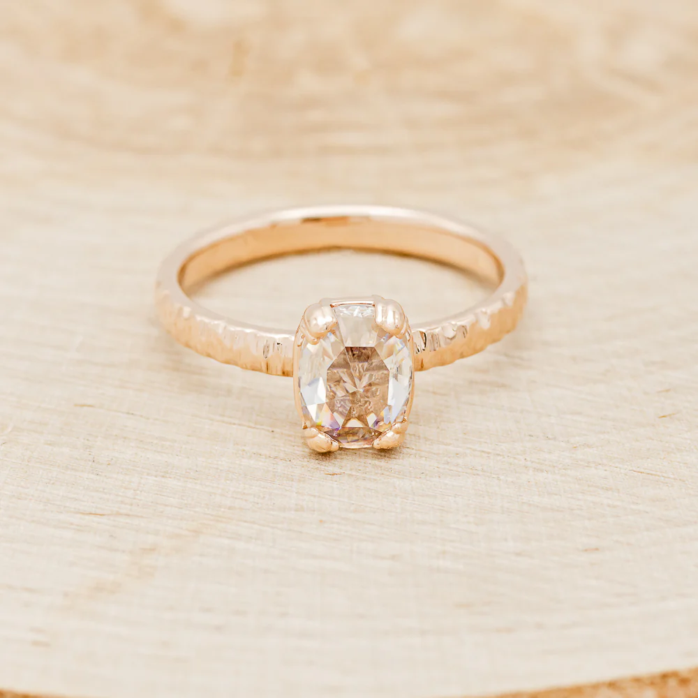 "ELLA" - ANTIQUE CUSHION ROSE CUT MOISSANITE SOLITAIRE ENGAGEMENT RING WITH A HAMMERED FINISH - Image 4