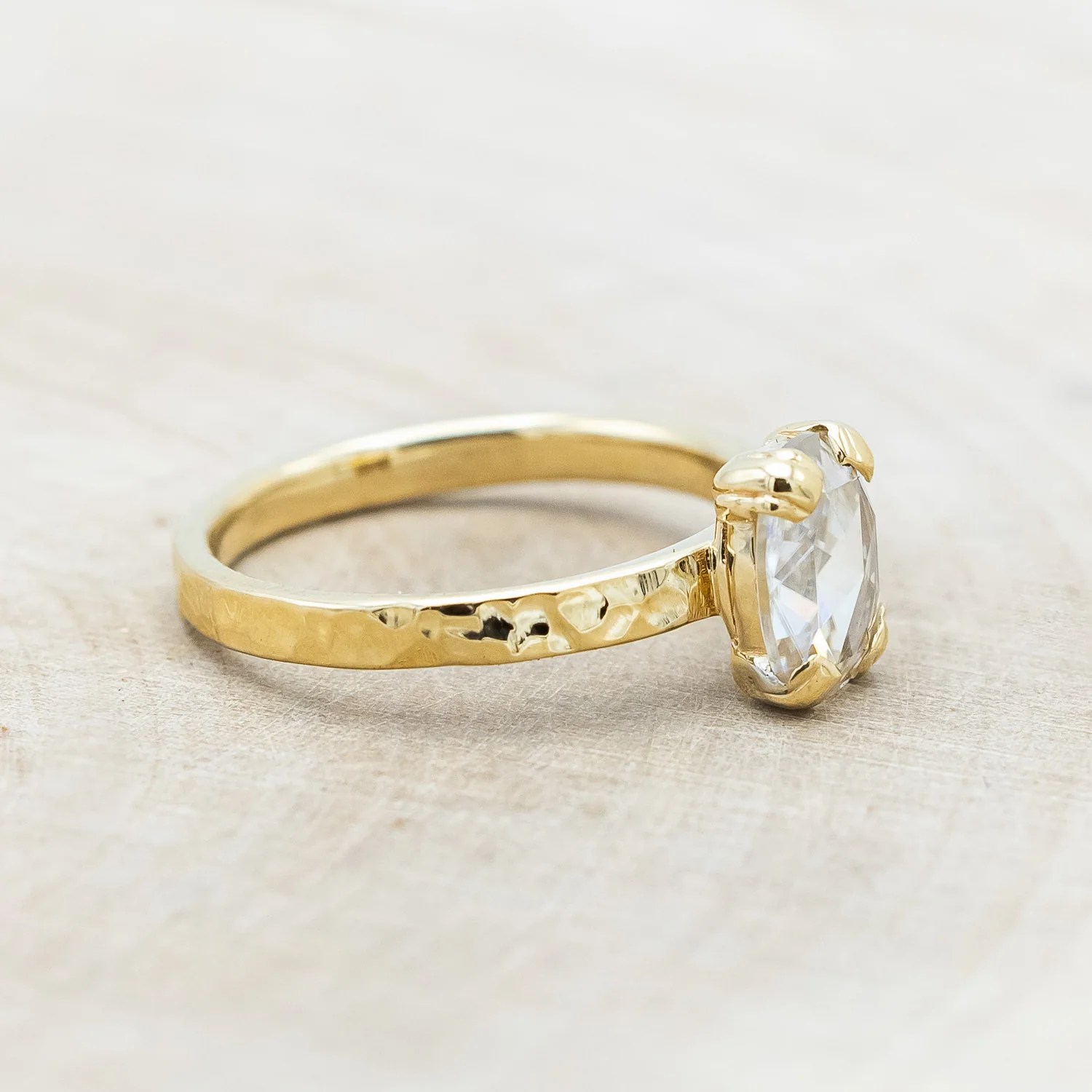 "ELLA" - ANTIQUE CUSHION ROSE CUT MOISSANITE SOLITAIRE ENGAGEMENT RING WITH A HAMMERED FINISH - Image 8