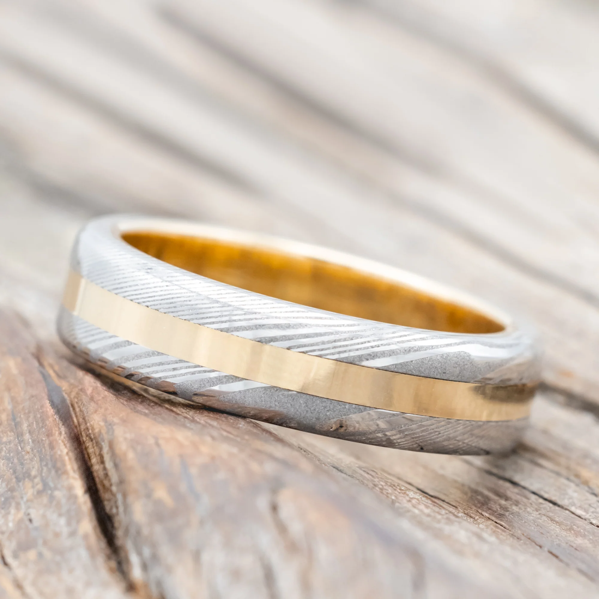 "NIRVANA" - ETCHED DAMASCUS STEEL & 14K GOLD INLAY WEDDING BAND - Image 5