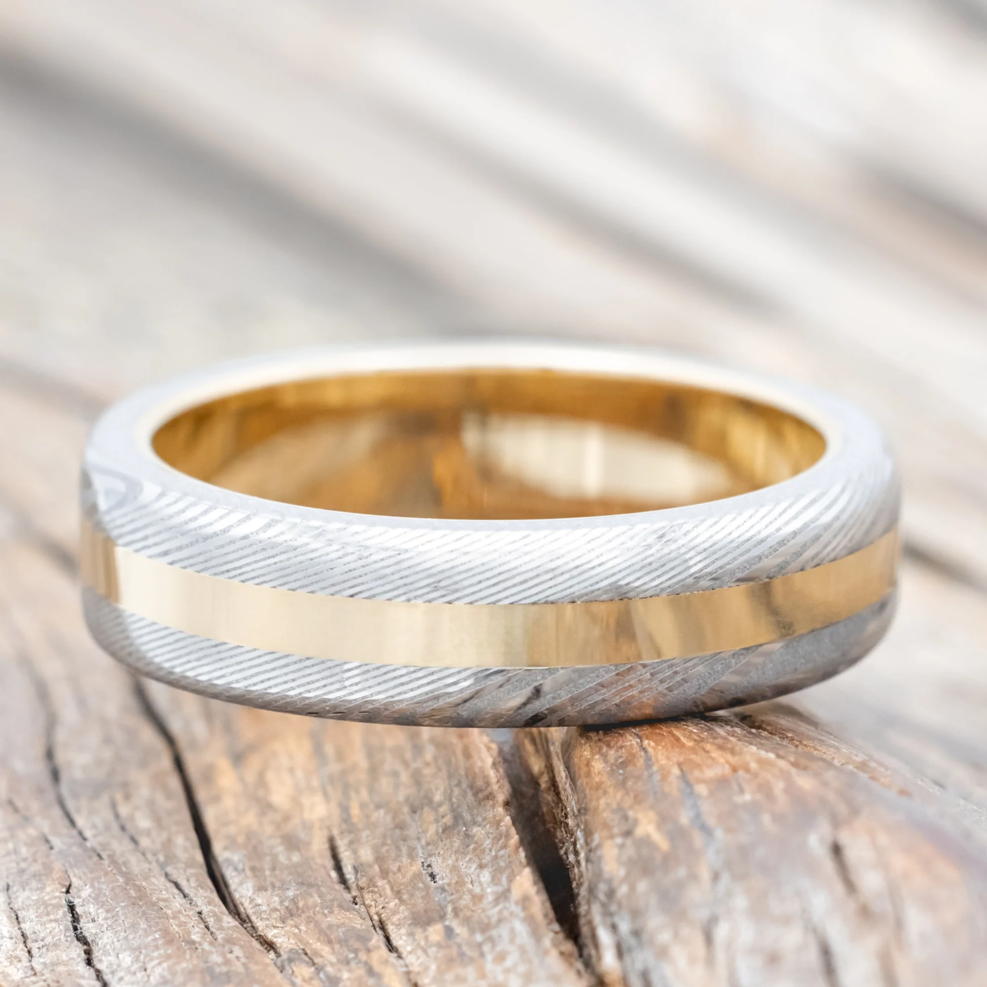 "NIRVANA" - ETCHED DAMASCUS STEEL & 14K GOLD INLAY WEDDING BAND - Image 6