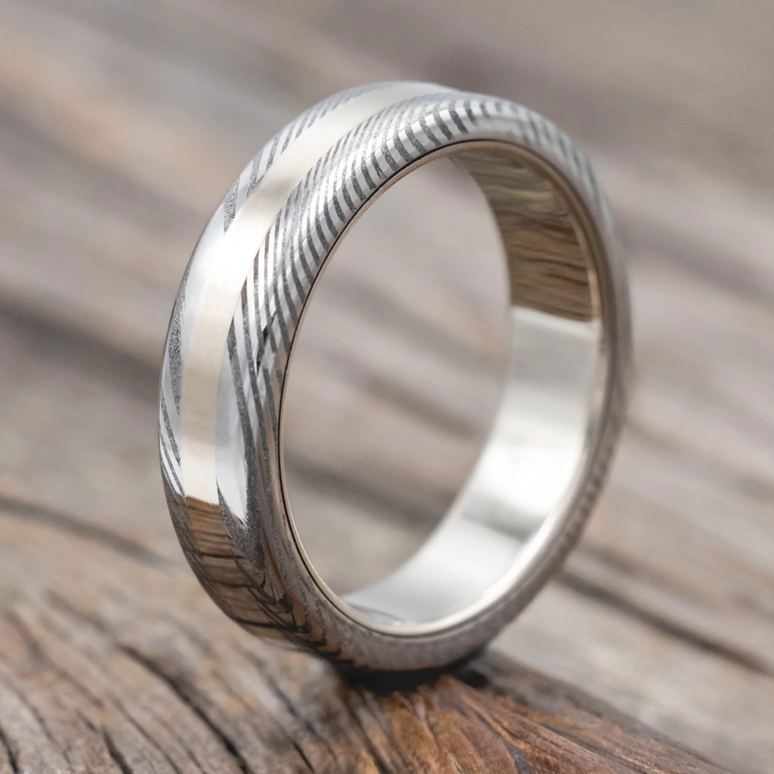 "NIRVANA" - ETCHED DAMASCUS STEEL & 14K GOLD INLAY WEDDING BAND - Image 7