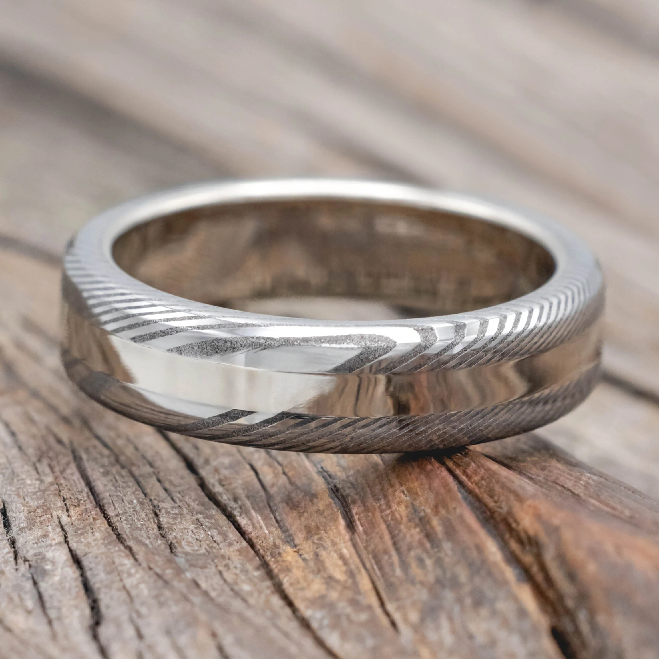 "NIRVANA" - ETCHED DAMASCUS STEEL & 14K GOLD INLAY WEDDING BAND - Image 9