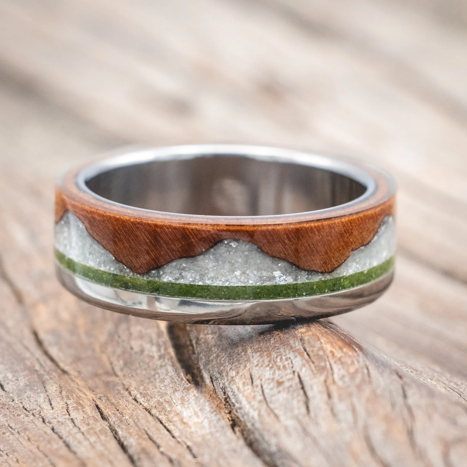 "EZRA" - REDWOOD WITH DIAMOND DUST & MOSS INLAY WEDDING RING - Image 3