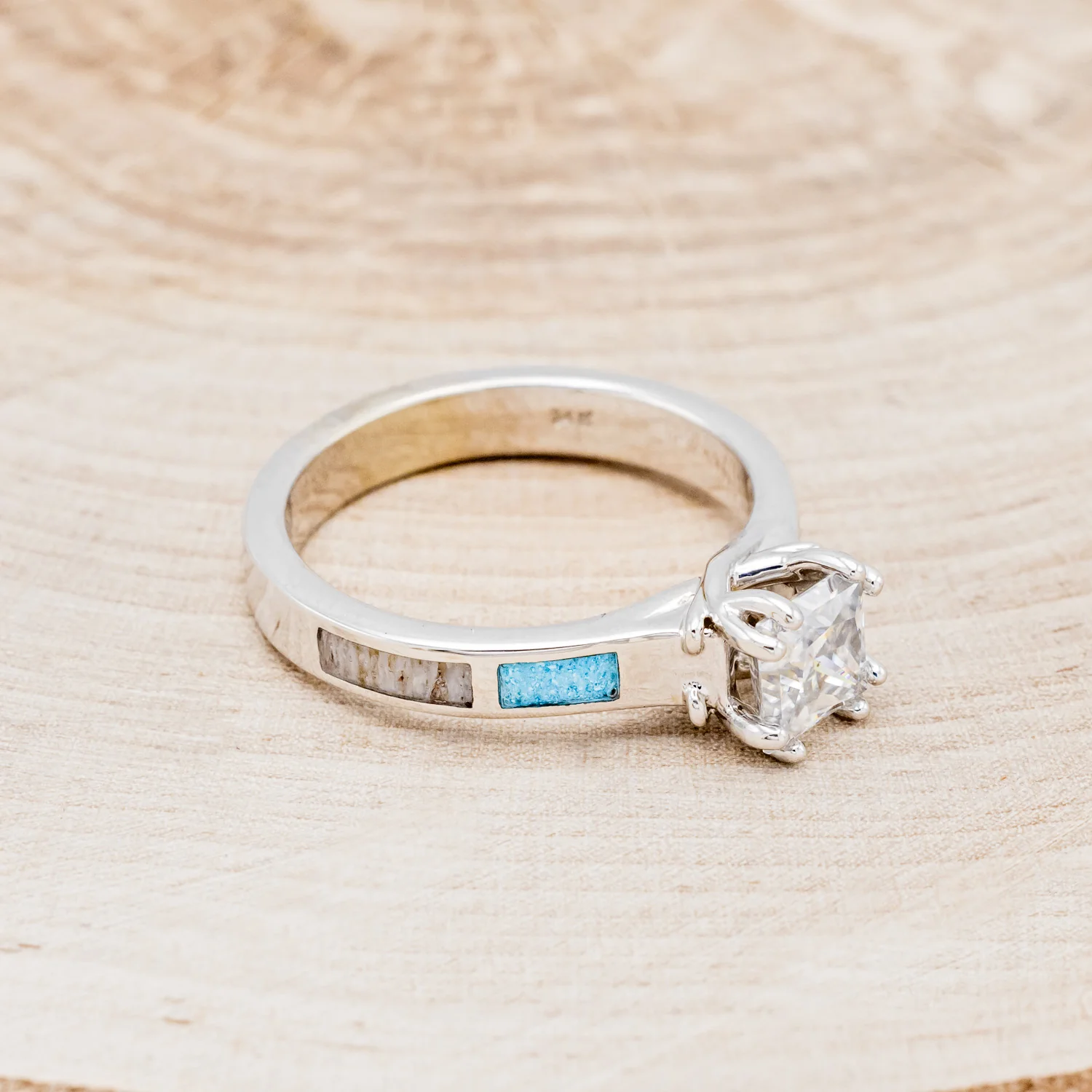 "FAWN" - MOISSANITE ANTLER PRONGED ENGAGEMENT RING WITH ANTLER & TURQUOISE INLAYS - Image 3