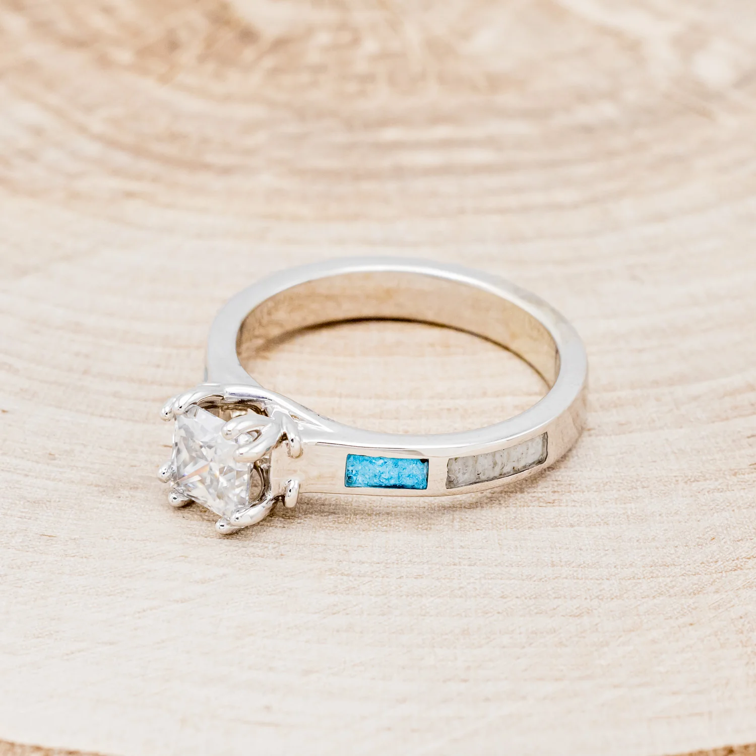 "FAWN" - MOISSANITE ANTLER PRONGED ENGAGEMENT RING WITH ANTLER & TURQUOISE INLAYS - Image 4