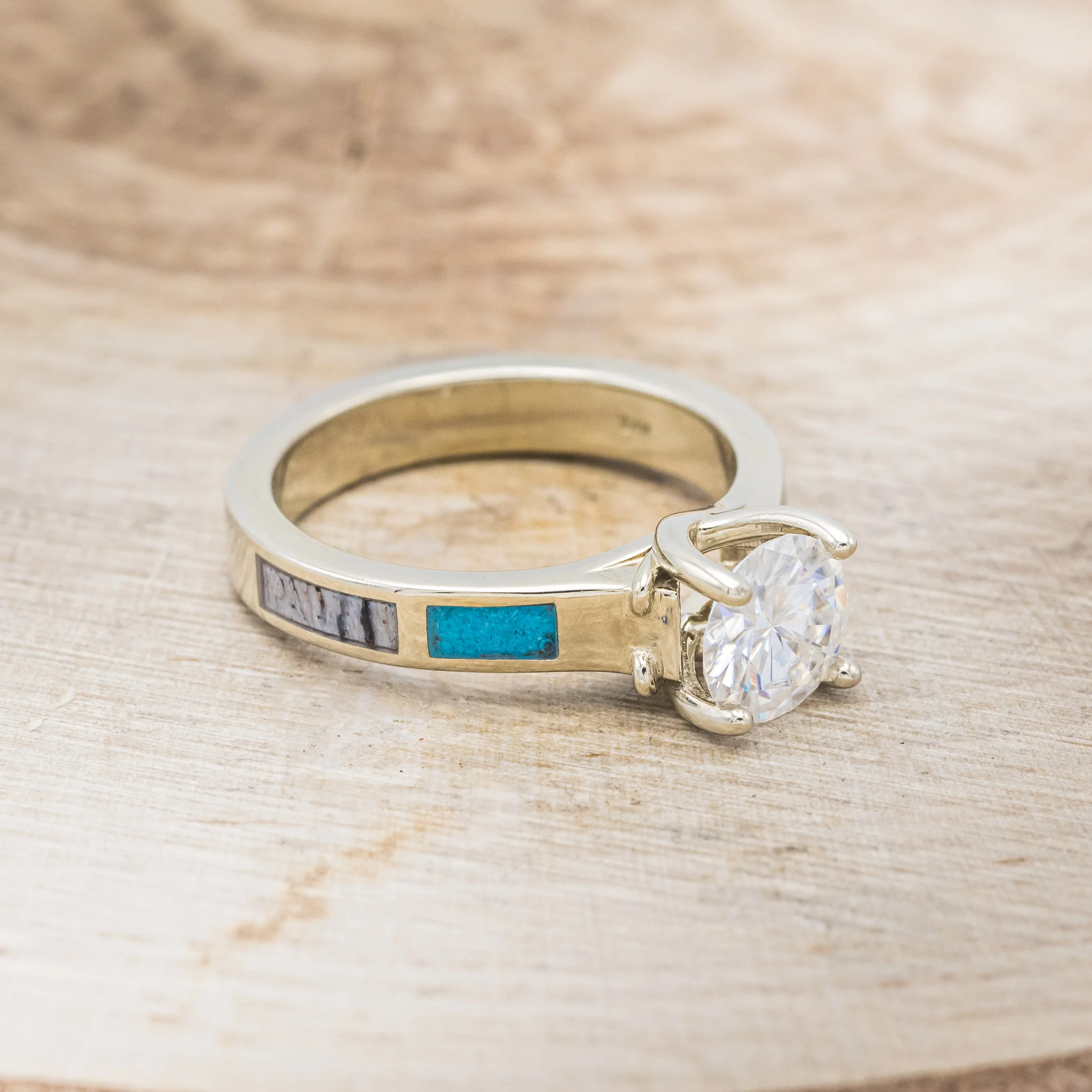 "FAWN" - MOISSANITE ANTLER PRONGED ENGAGEMENT RING WITH ANTLER & TURQUOISE INLAYS - Image 8