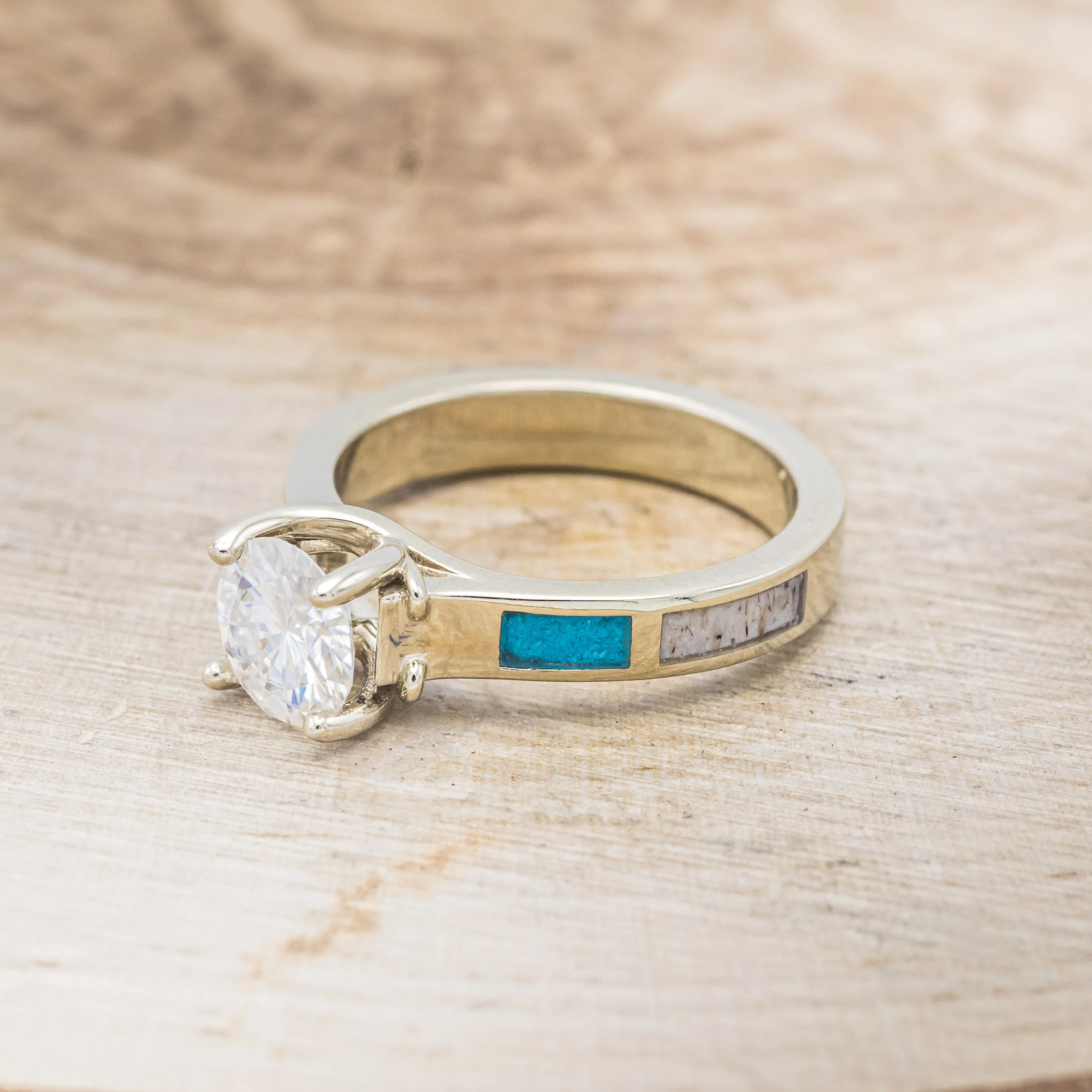 "FAWN" - MOISSANITE ANTLER PRONGED ENGAGEMENT RING WITH ANTLER & TURQUOISE INLAYS - Image 9