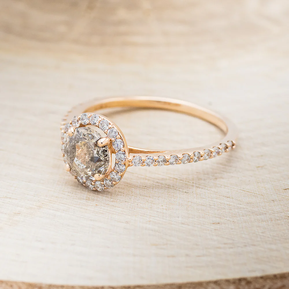"FELICE" - ROUND CUT SALT & PEPPER DIAMOND ENGAGEMENT RING WITH DIAMOND HALO - Image 3