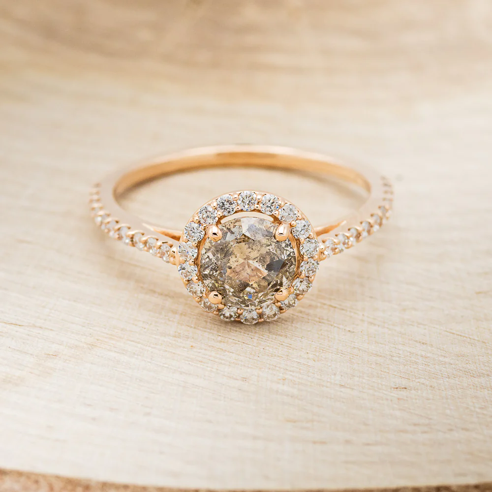 "FELICE" - ROUND CUT SALT & PEPPER DIAMOND ENGAGEMENT RING WITH DIAMOND HALO - Image 4