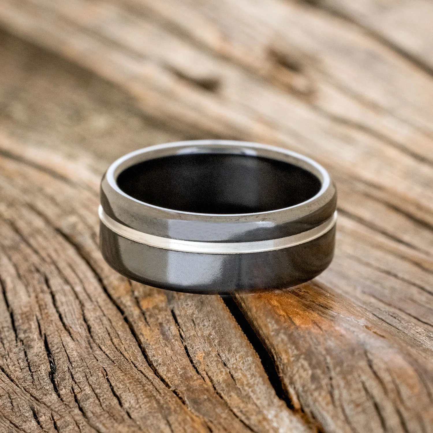 BLACK ZIRCONIUM WEDDING BAND WITH OFFSET CUT ETCHING - Image 3