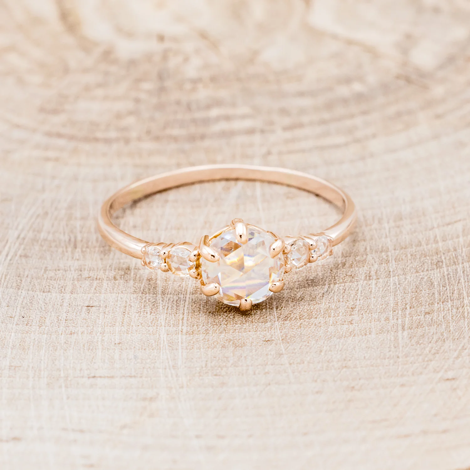 "GEMINI" - ROUND ROSE CUT MOISSANITE ENGAGEMENT RING WITH DIAMOND ACCENTS - Image 10