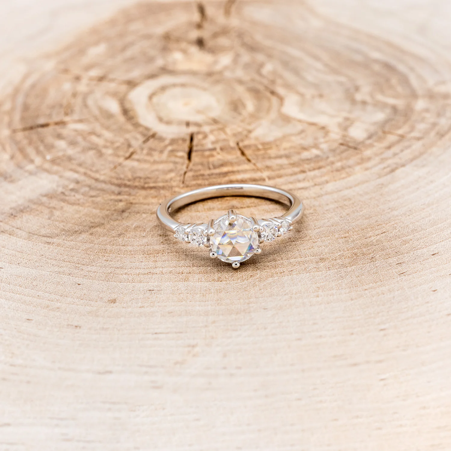 "GEMINI" - ROUND ROSE CUT MOISSANITE ENGAGEMENT RING WITH DIAMOND ACCENTS - Image 4