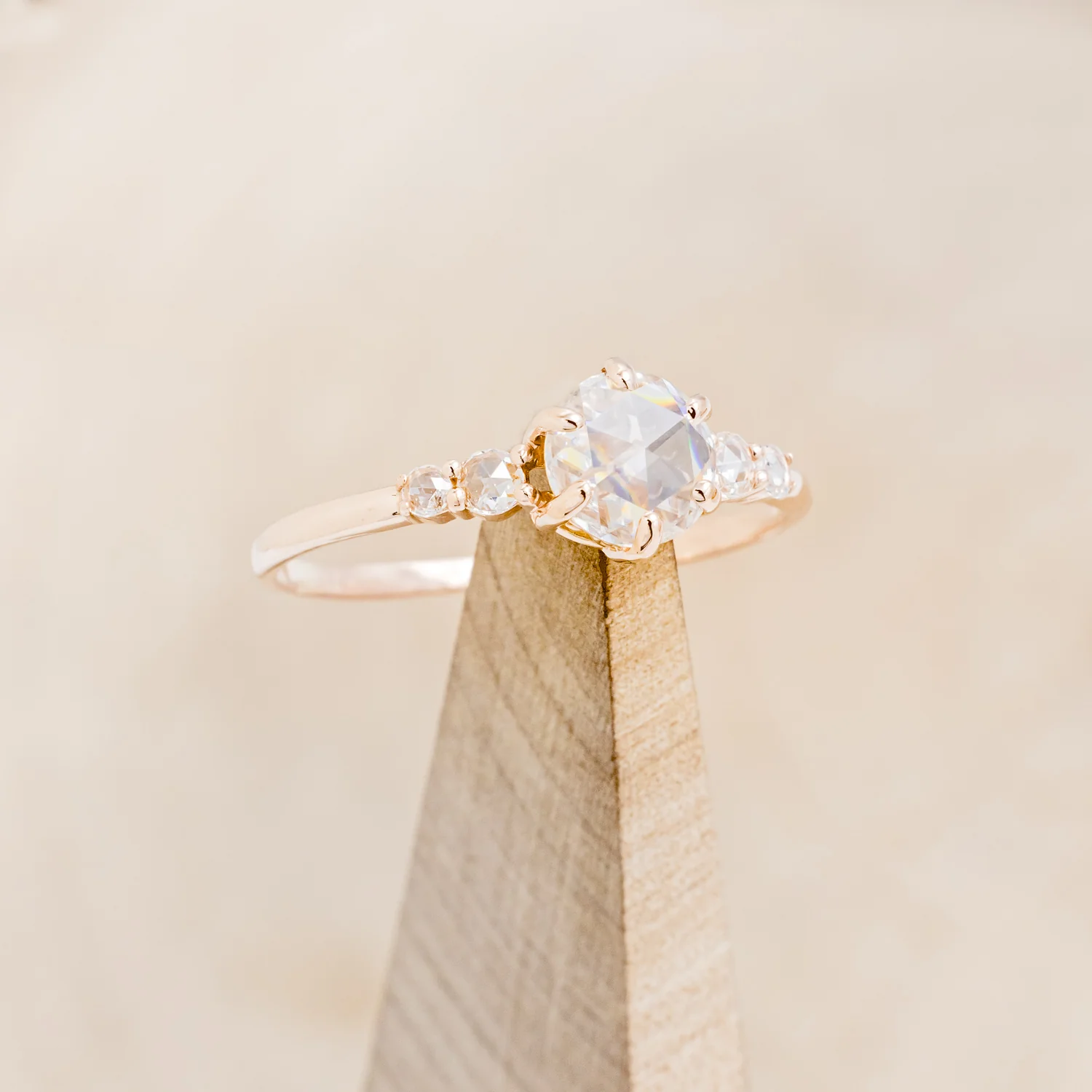 "GEMINI" - ROUND ROSE CUT MOISSANITE ENGAGEMENT RING WITH DIAMOND ACCENTS - Image 7