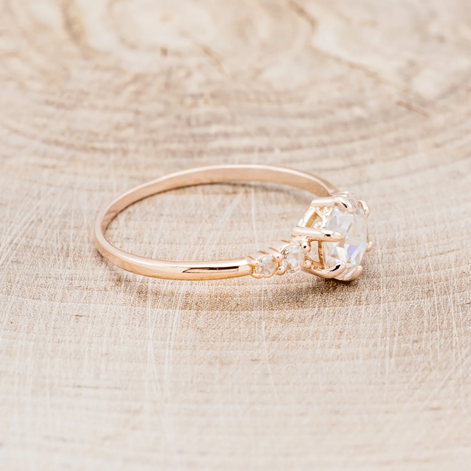 "GEMINI" - ROUND ROSE CUT MOISSANITE ENGAGEMENT RING WITH DIAMOND ACCENTS - Image 8