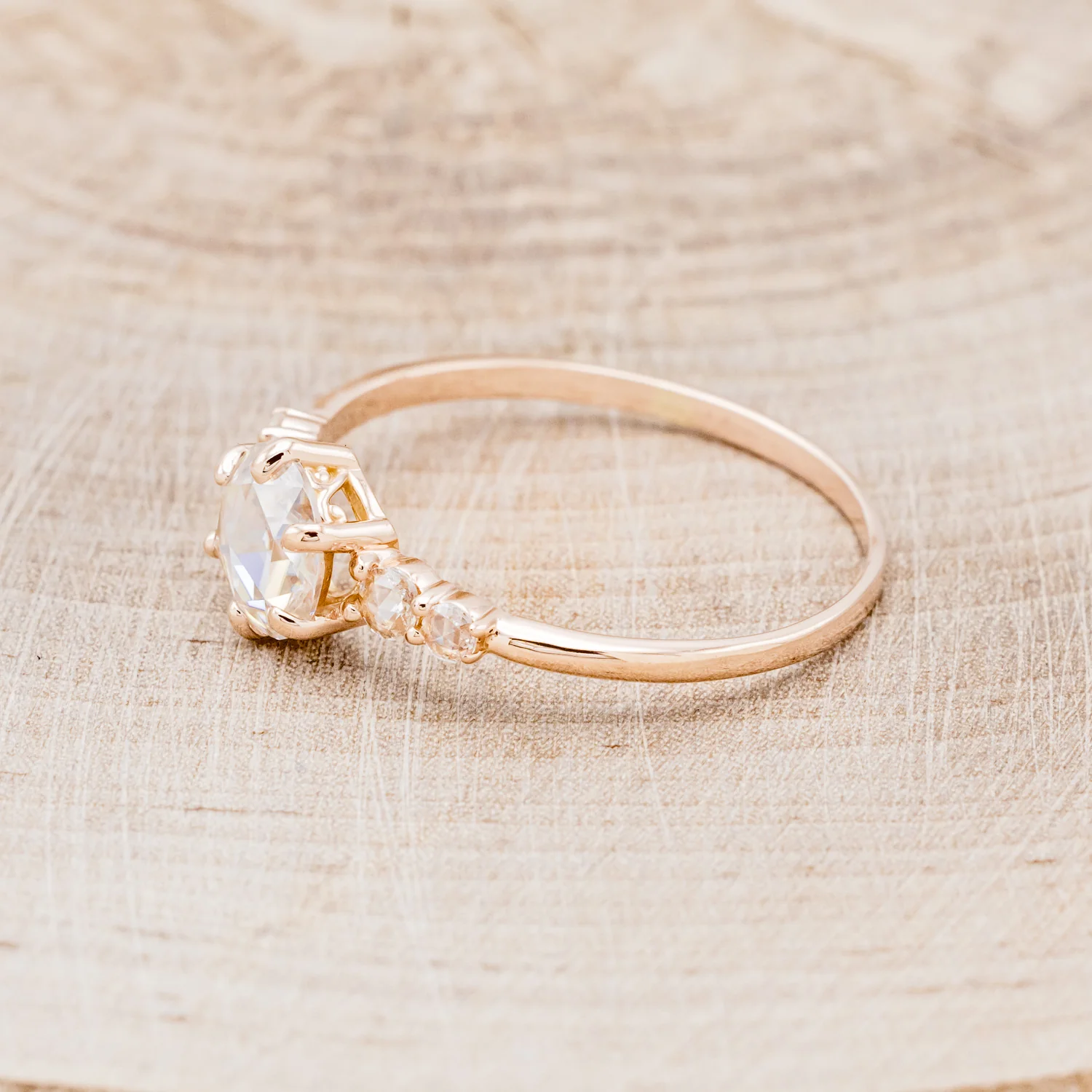 "GEMINI" - ROUND ROSE CUT MOISSANITE ENGAGEMENT RING WITH DIAMOND ACCENTS - Image 9