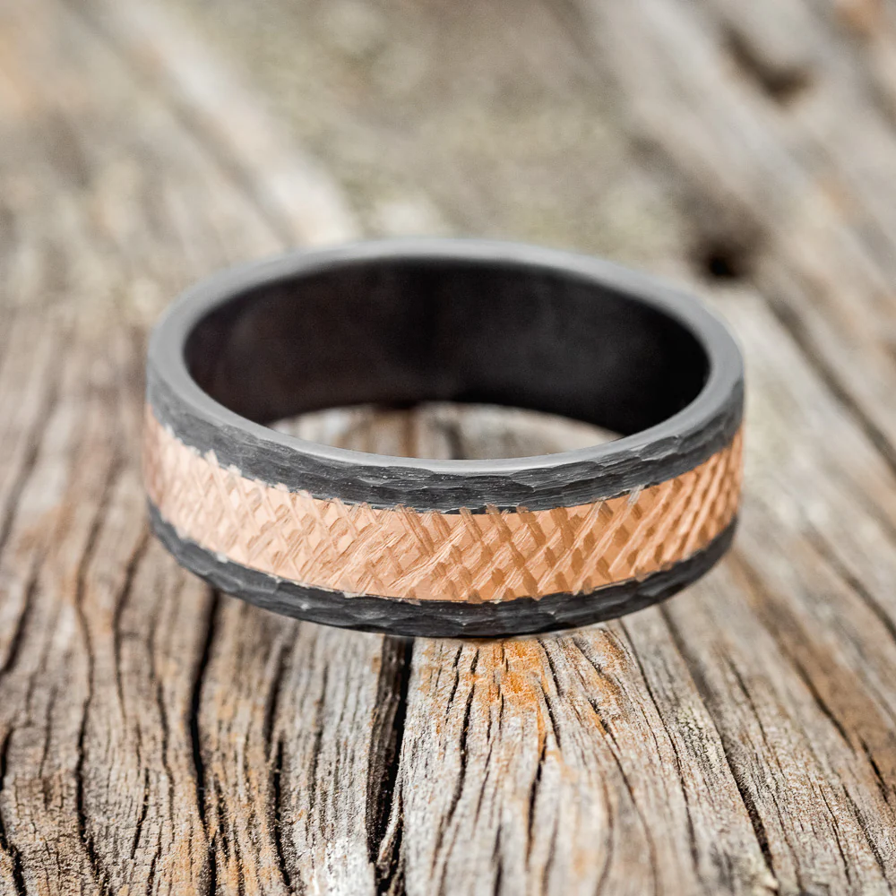 HAMMERED WEDDING RING WITH CROSSHATCHED FINISH & 14K GOLD INLAY - Image 3