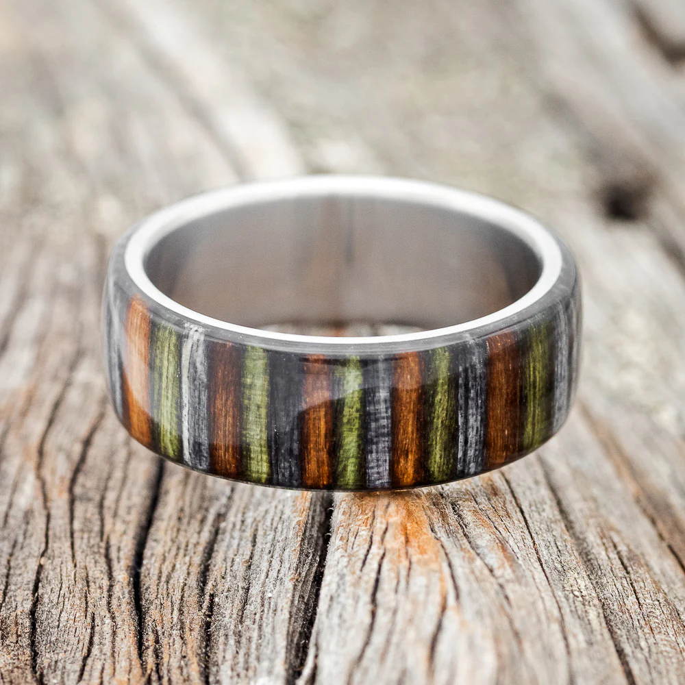 "HAVEN" - GREY, GREEN & BROWN DYED BIRCH WOOD WEDDING RING - Image 3
